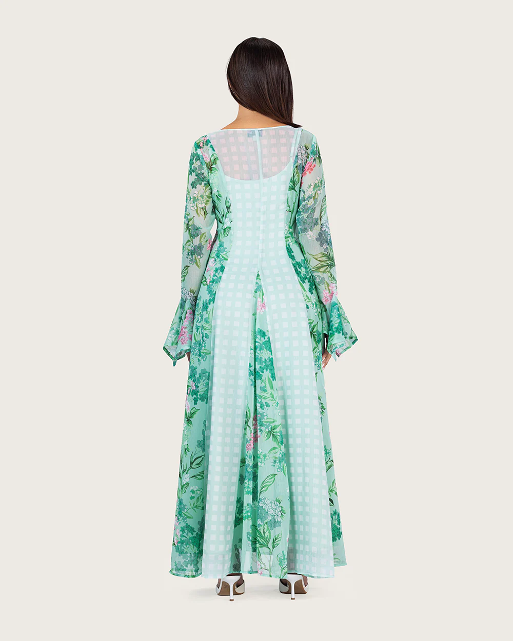 Mint Floral Chiffon Dress with Bell Sleeves - Image 6