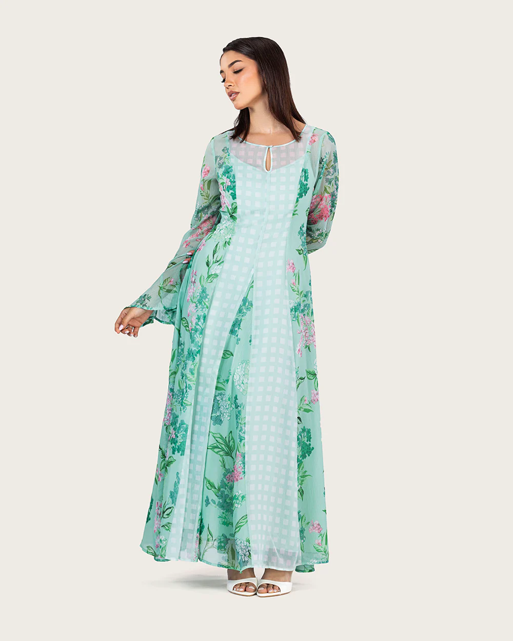 Mint Floral Chiffon Dress with Bell Sleeves - Image 7