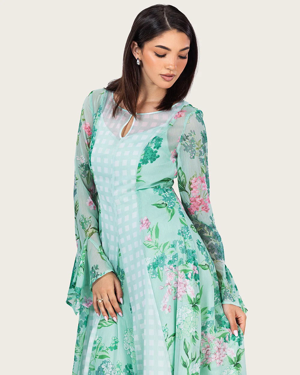 Mint Floral Chiffon Dress with Bell Sleeves - Image 8