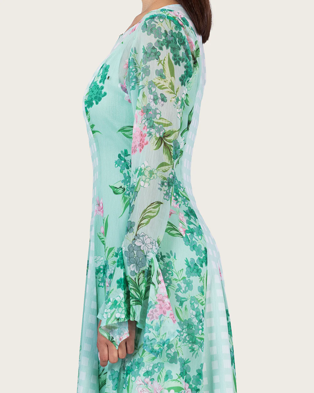 Mint Floral Chiffon Dress with Bell Sleeves - Image 9