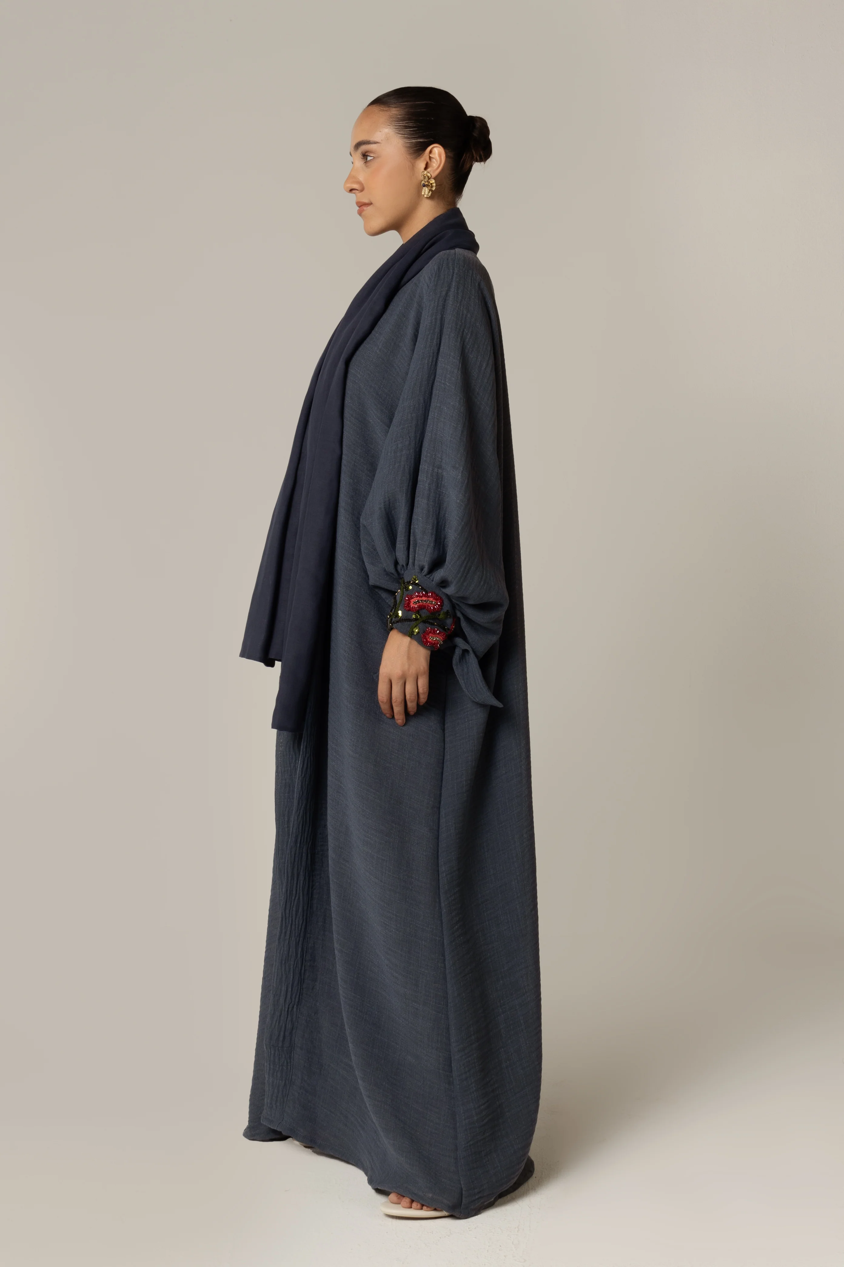 Navy Blue Abaya with Deep Red Flower Beaded Details - Image 3