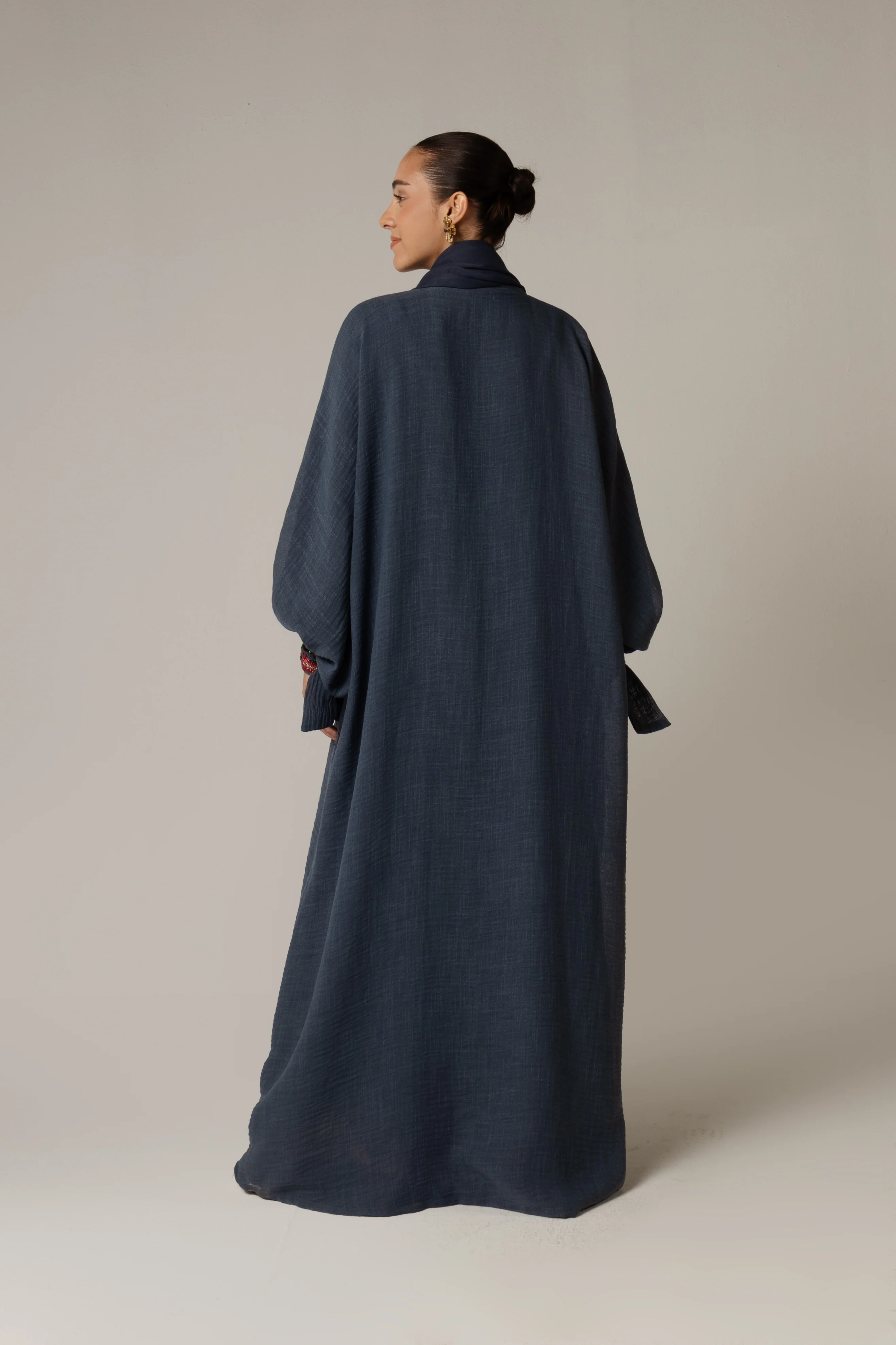 Navy Blue Abaya with Deep Red Flower Beaded Details - Image 4