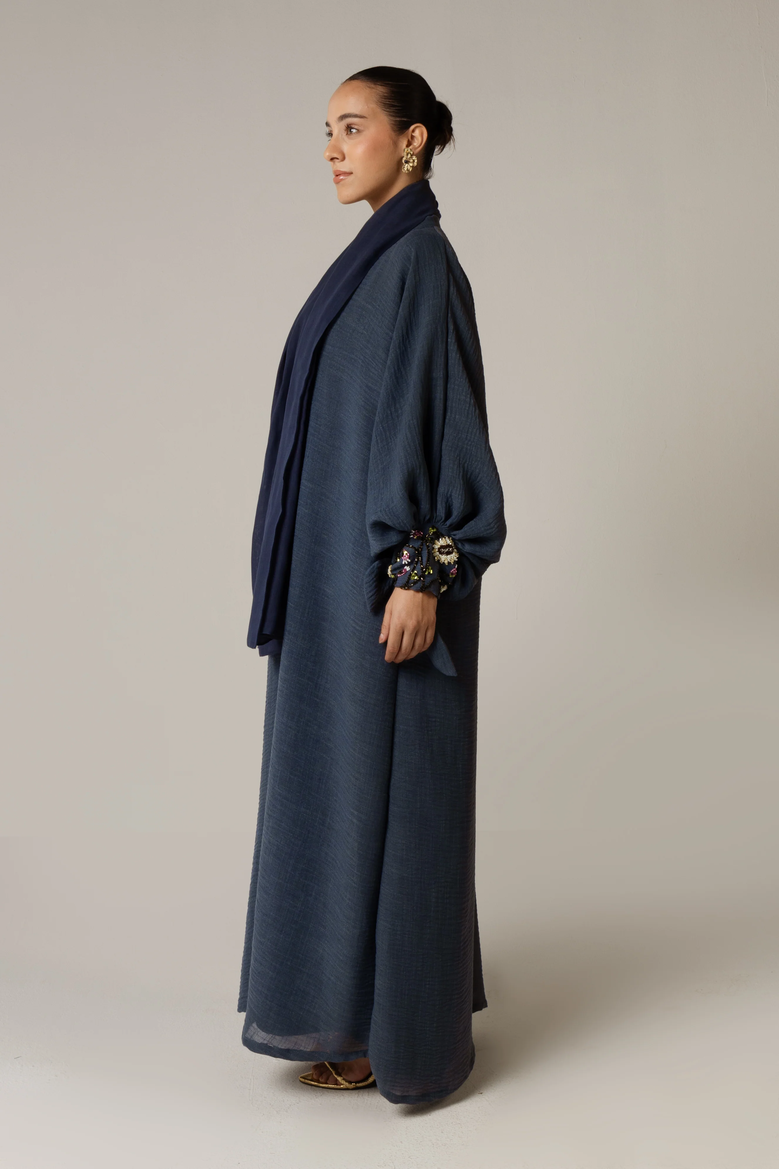 Navy Blue Abaya with Sunflower Beaded Details - Image 3