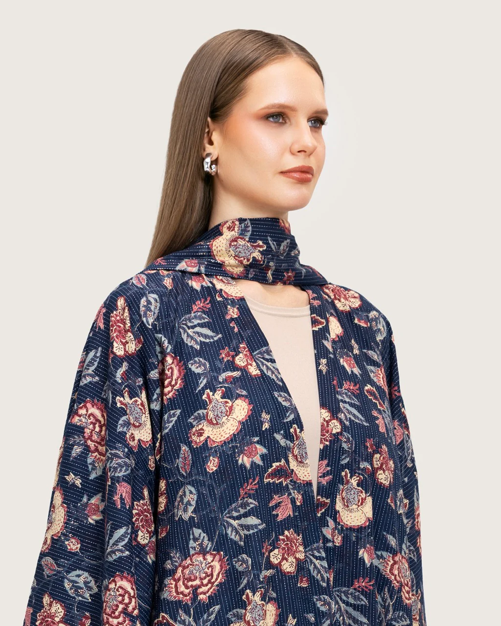 Navy Floral Open Abaya Dress - Image 10