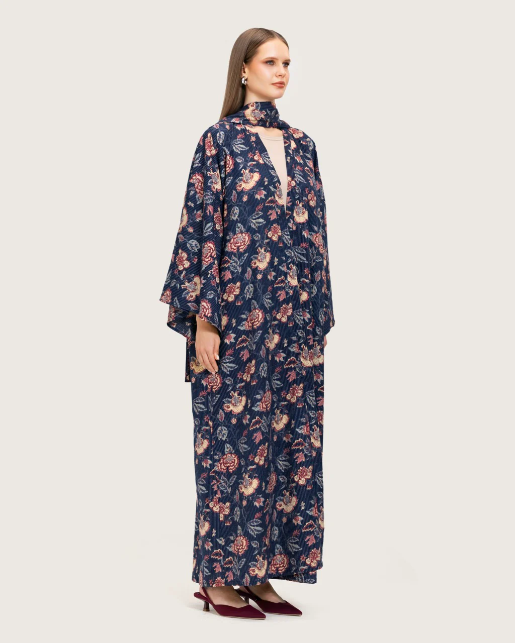Navy Floral Open Abaya Dress - Image 3