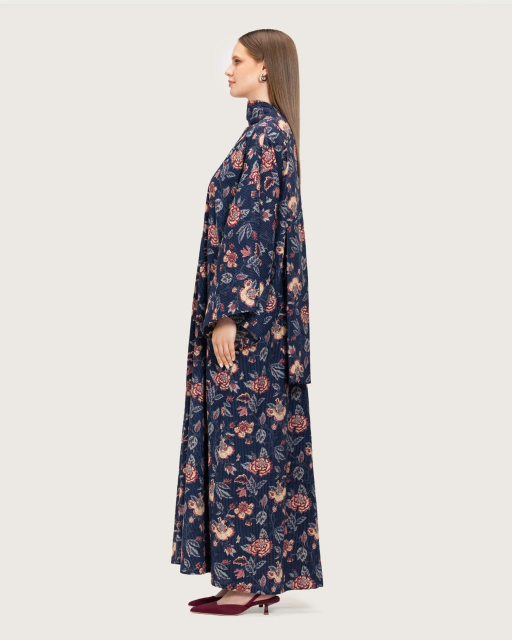 Navy Floral Open Abaya Dress - Image 4