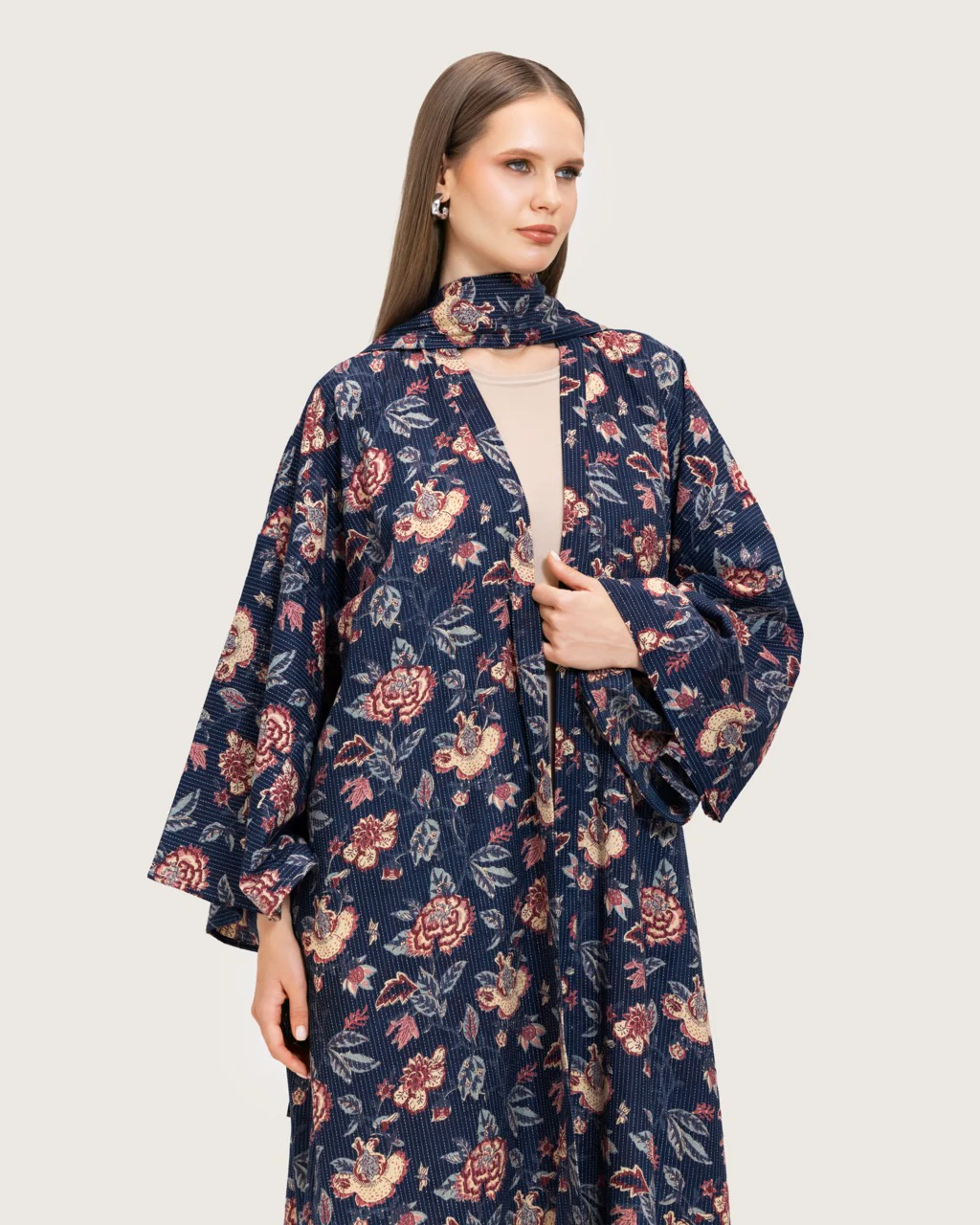Navy Floral Open Abaya Dress - Image 6