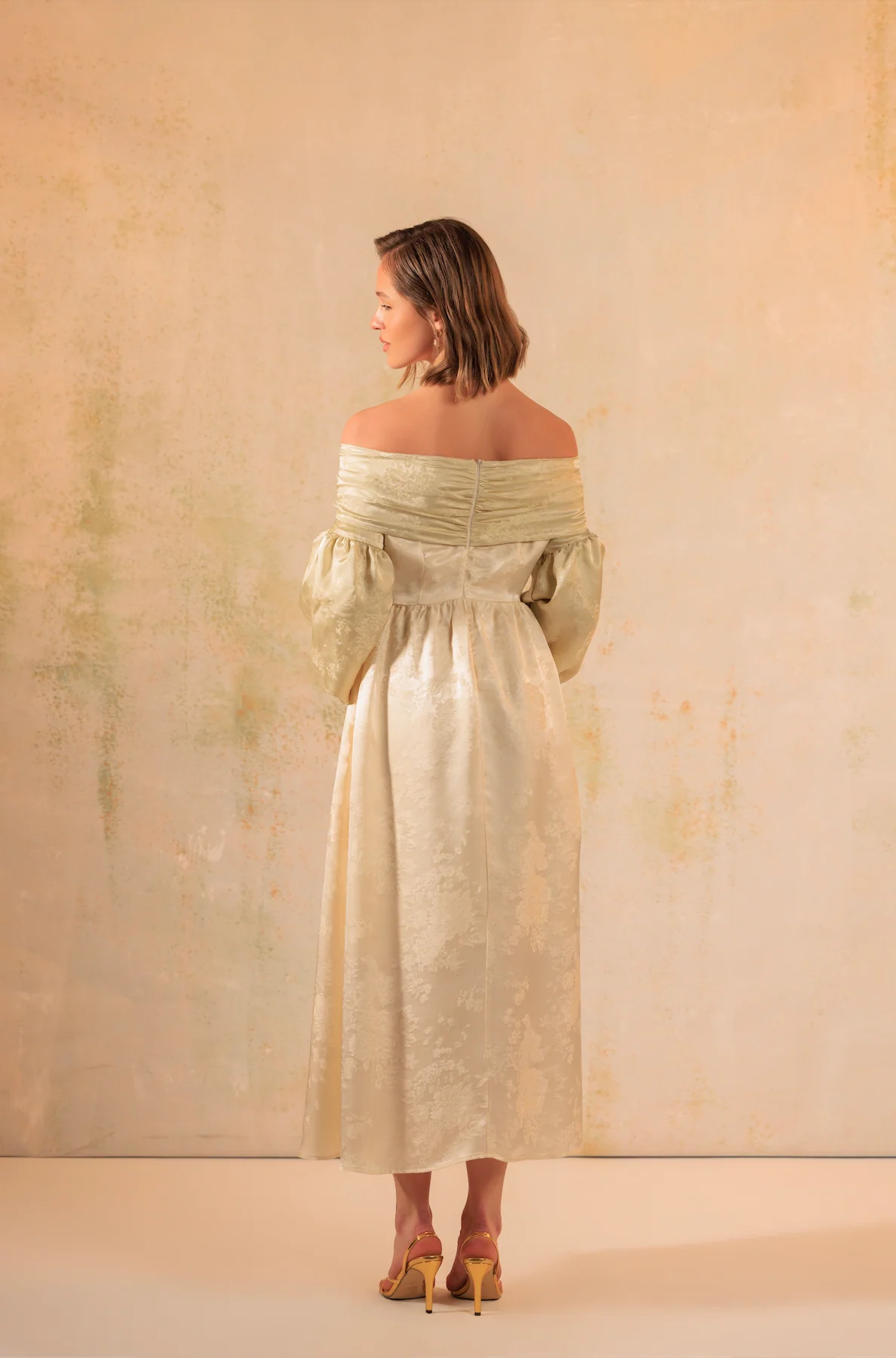 Off-Shoulder Classic Satin Jacquard Dress - Image 9