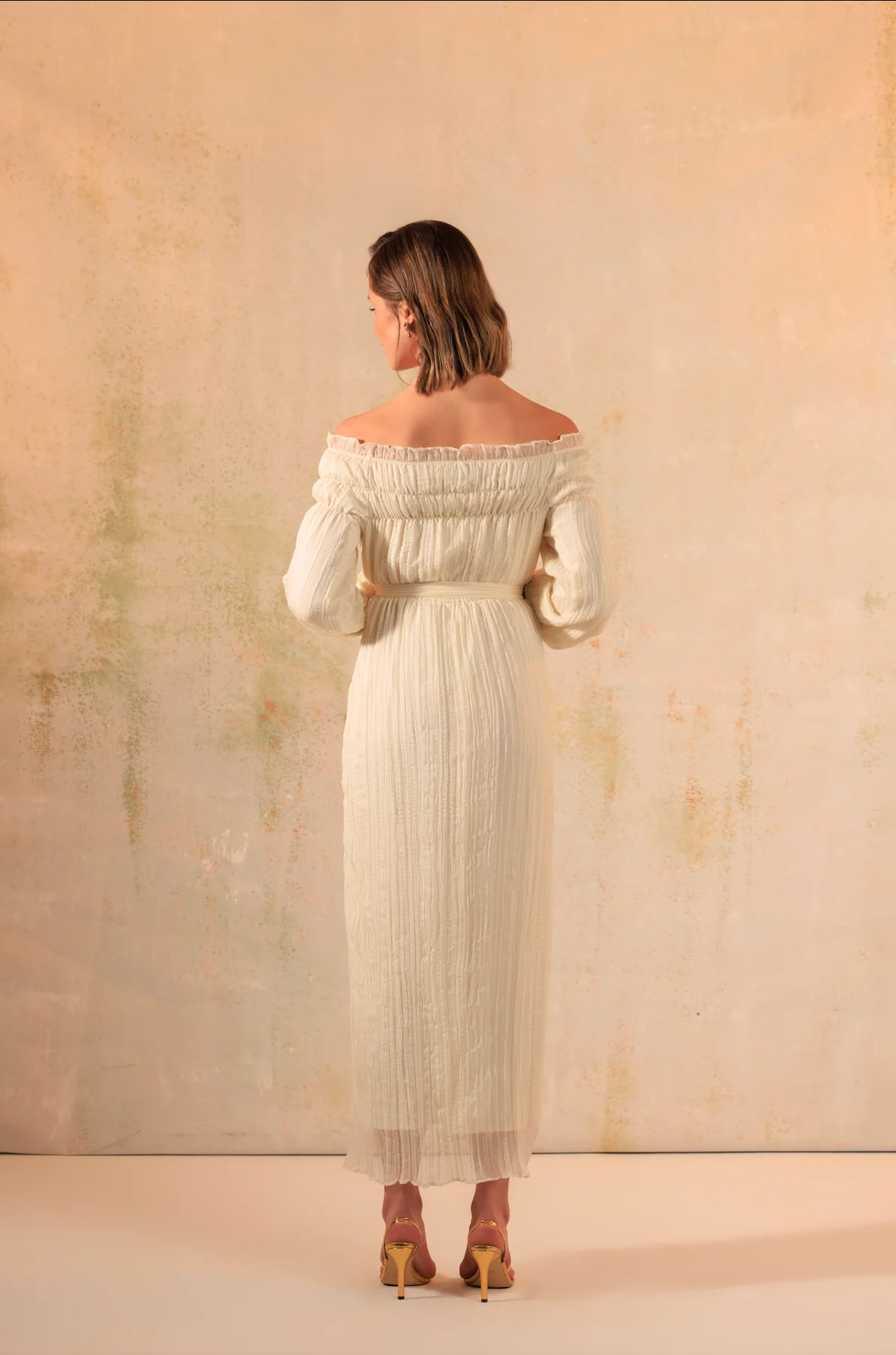 Cream Off-Shoulder Crinkled Chiffon Dress - Image 3