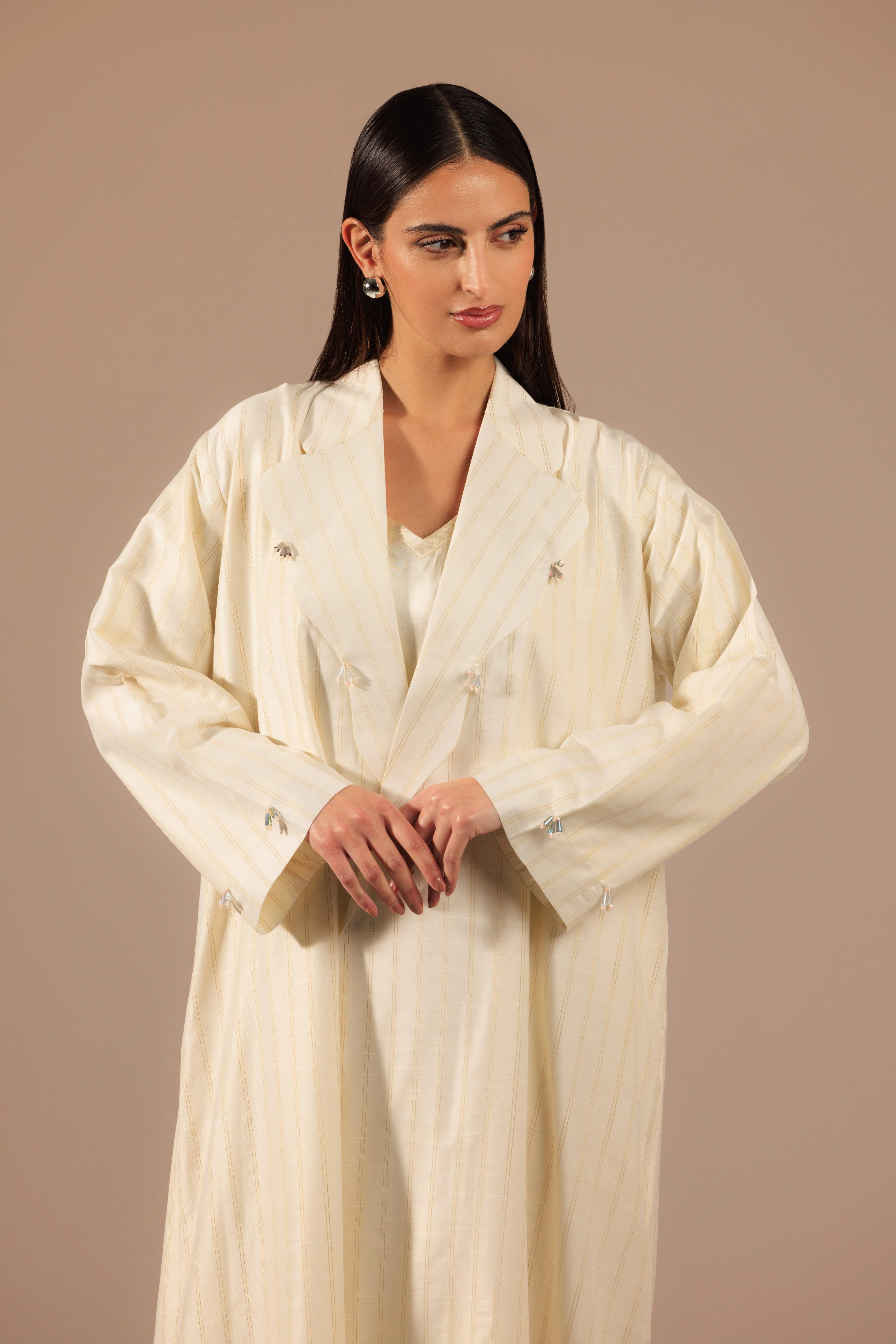 Off-White Embellished Blazer-style Abaya - Image 3