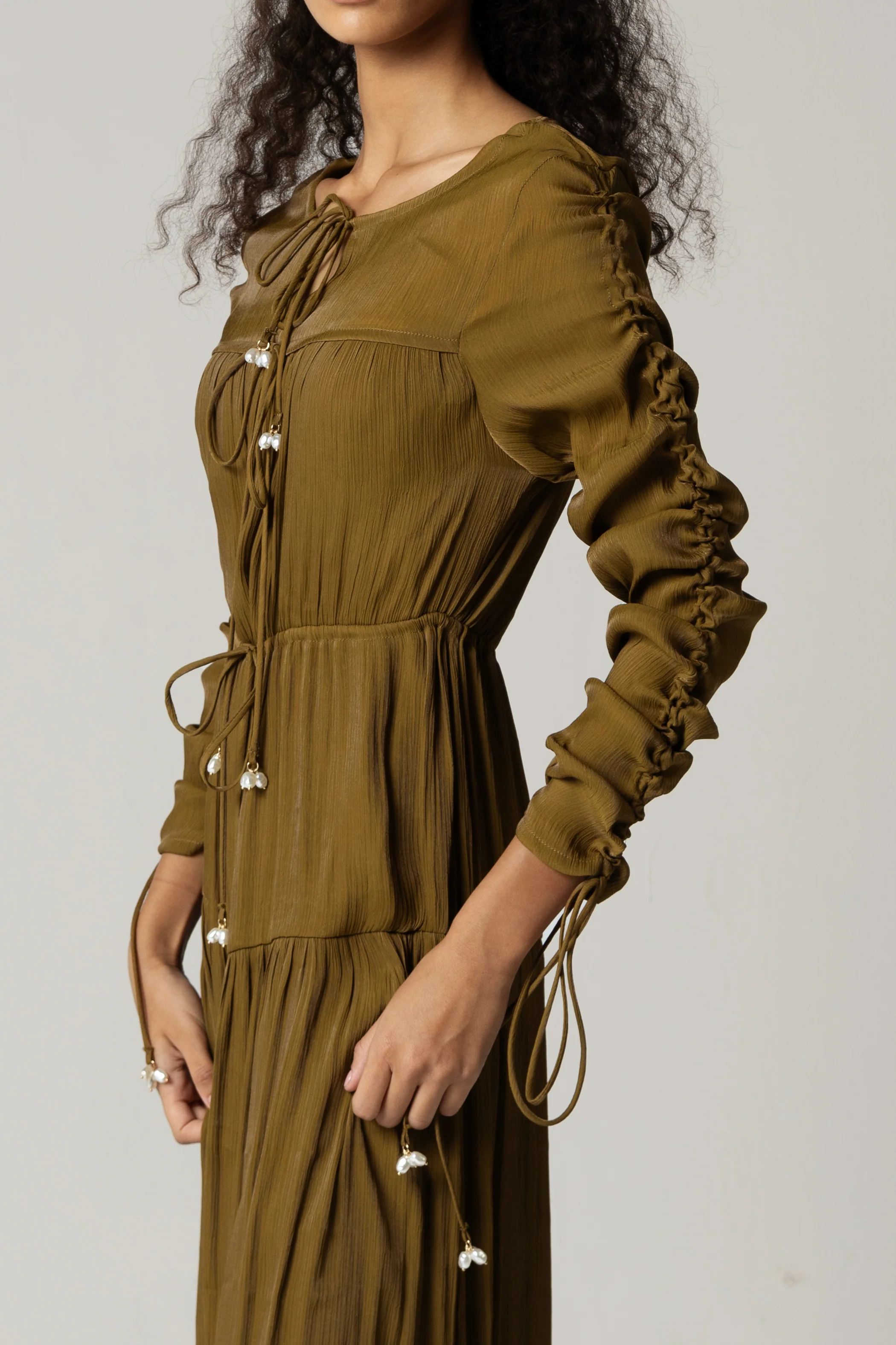 Olive Green Maxi Dress with Pearl Accents - Image 4