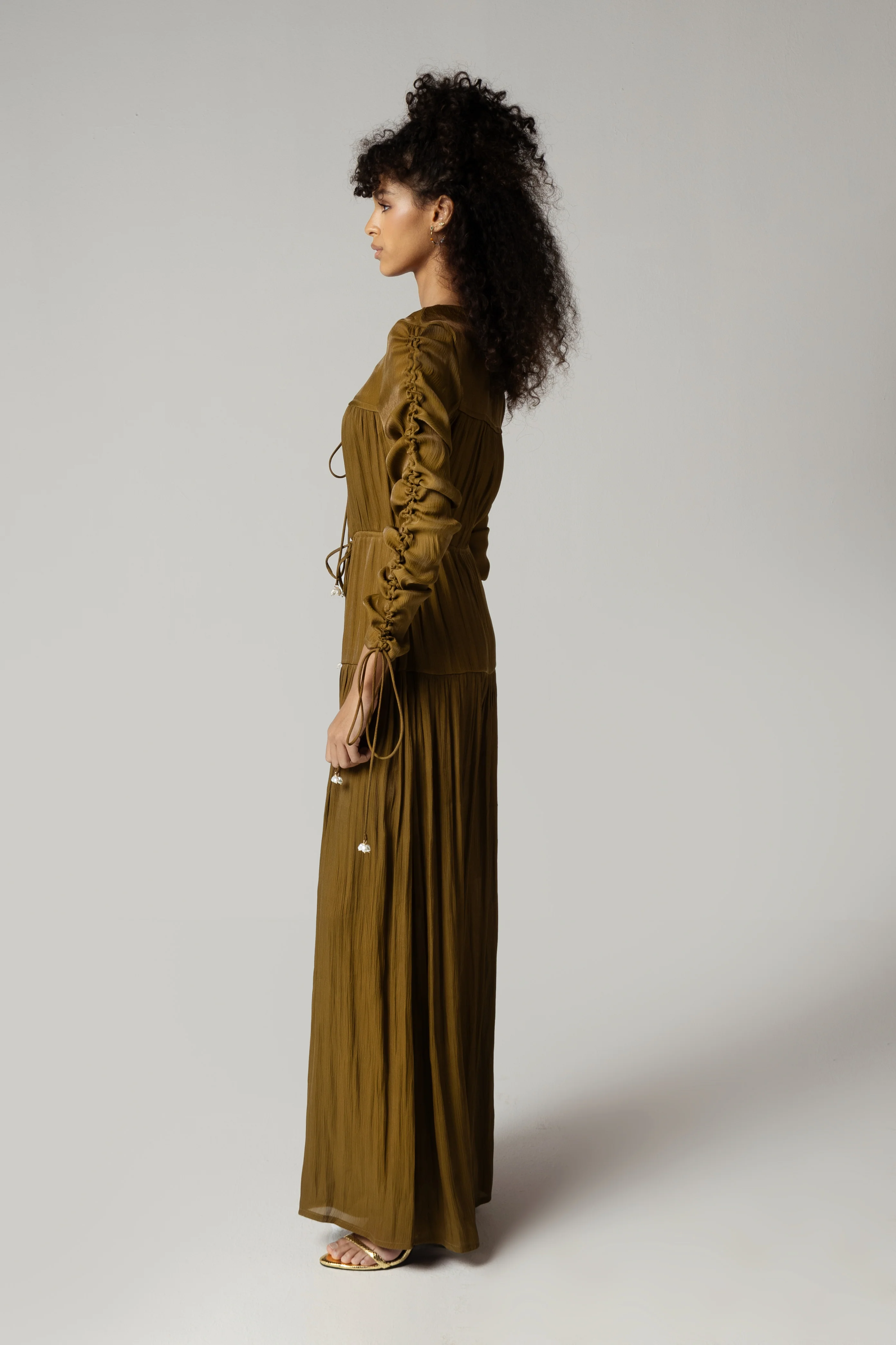 Olive Green Maxi Dress with Pearl Accents - Image 5