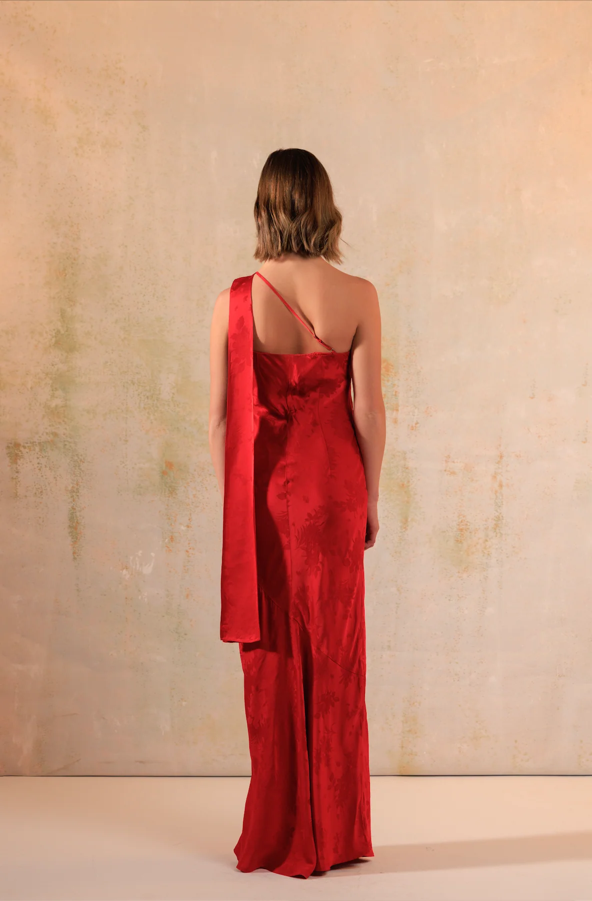 Red Satin Jacquard One-Shoulder Maxi Bias Cut Dress - Image 3