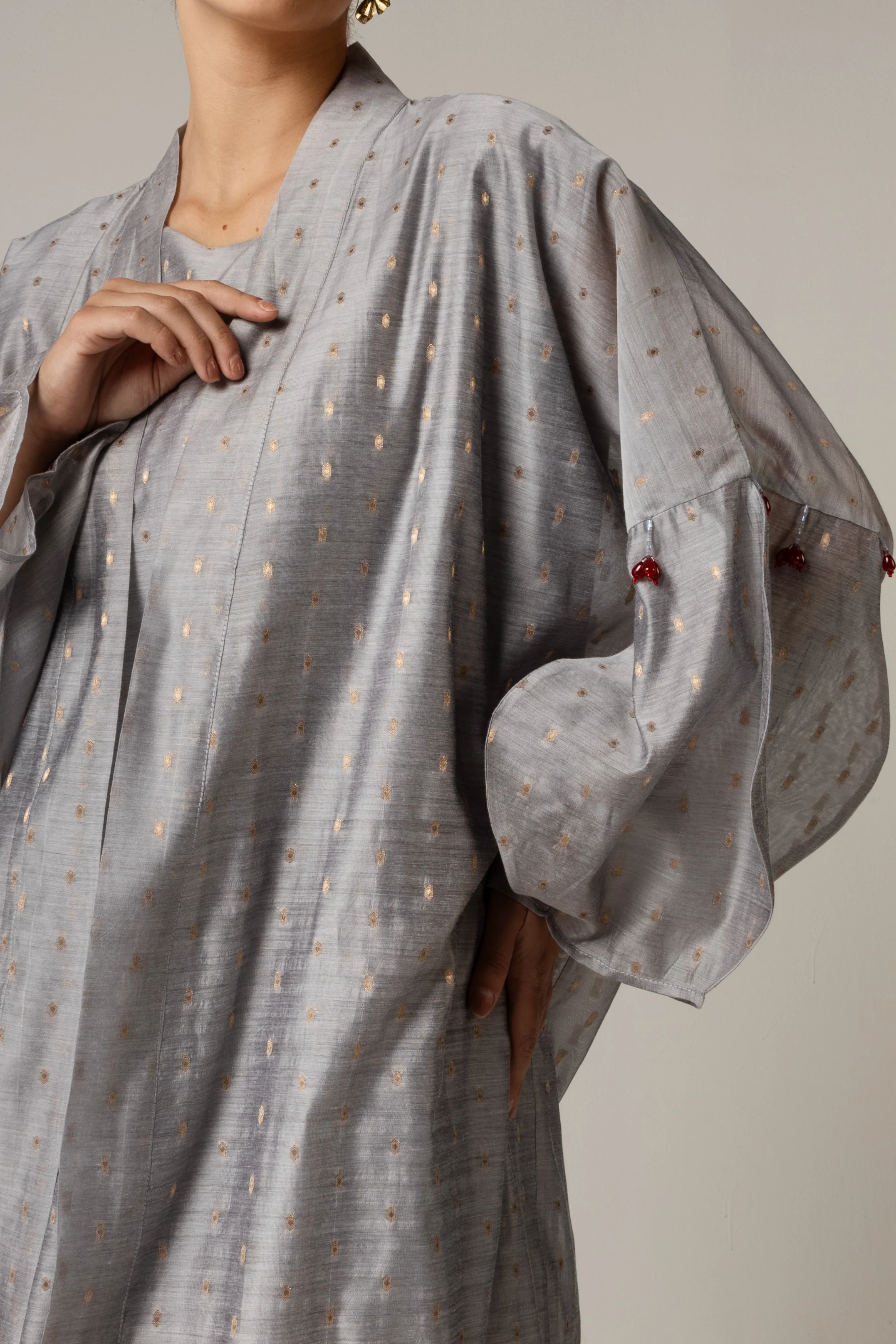 Organza Jaquard Hand Embellished Beaded Tassels Abaya Set - Image 3