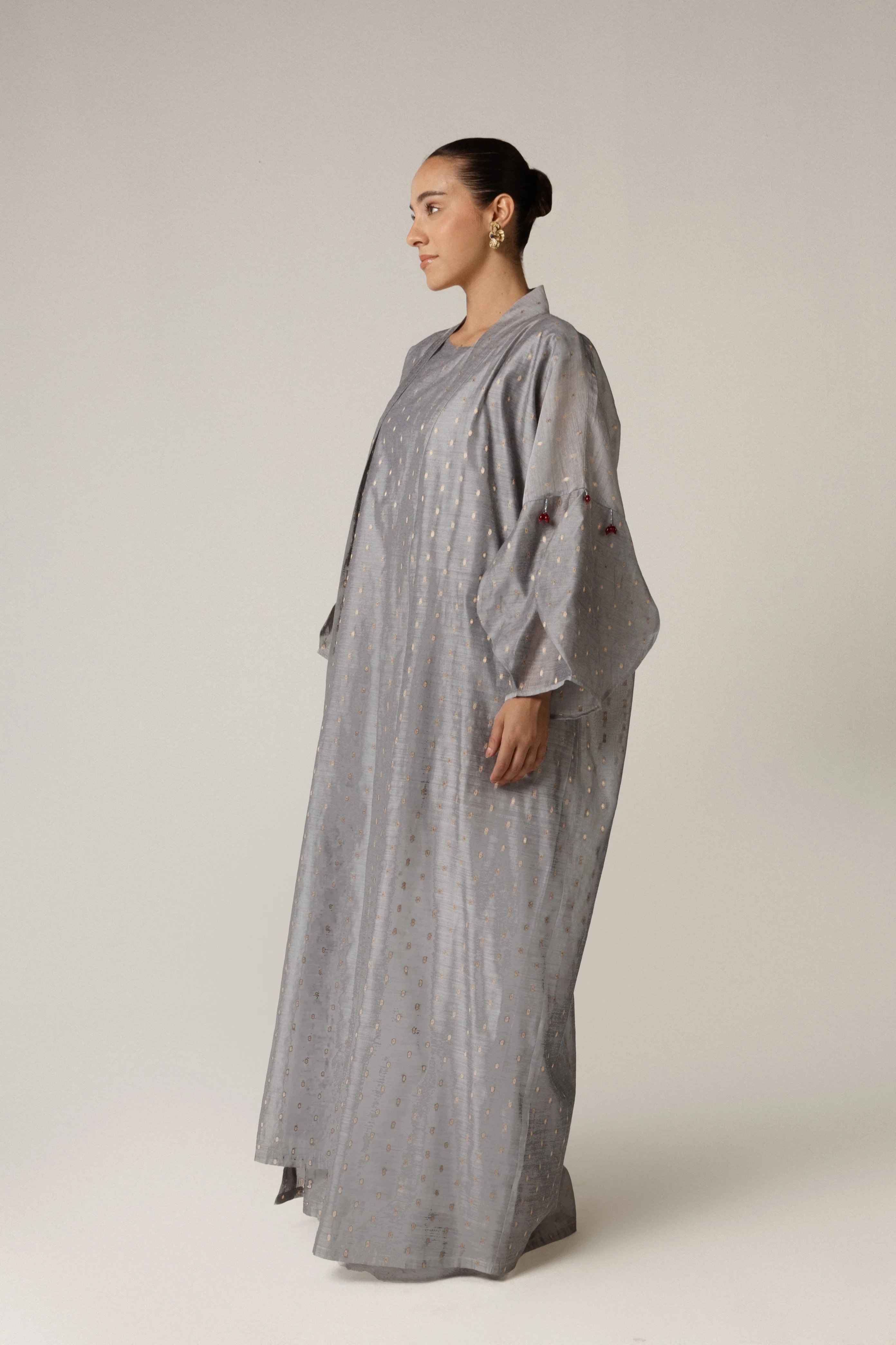 Organza Jaquard Hand Embellished Beaded Tassels Abaya Set - Image 6