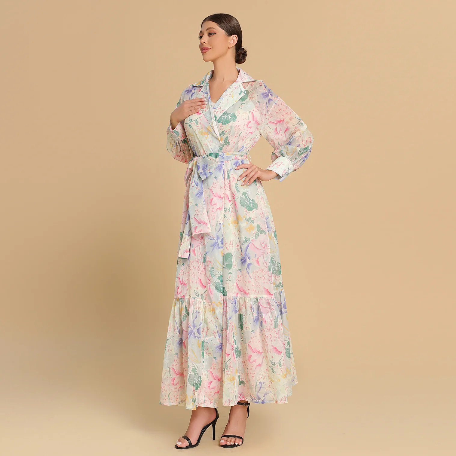 Pastel Floral Chiffon wrap Dress - Image 6