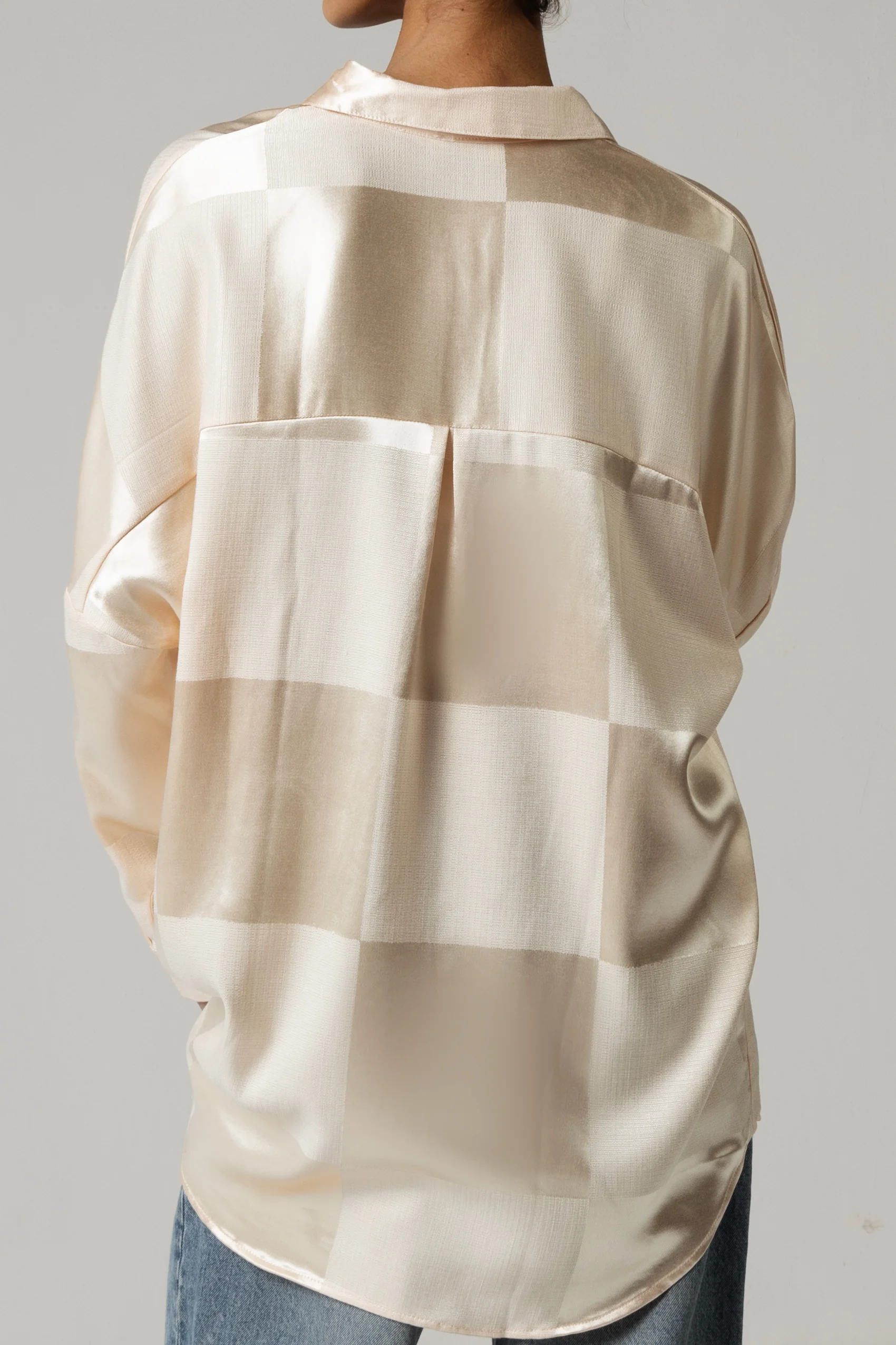 Peach satin jaquard check shirt - Image 3