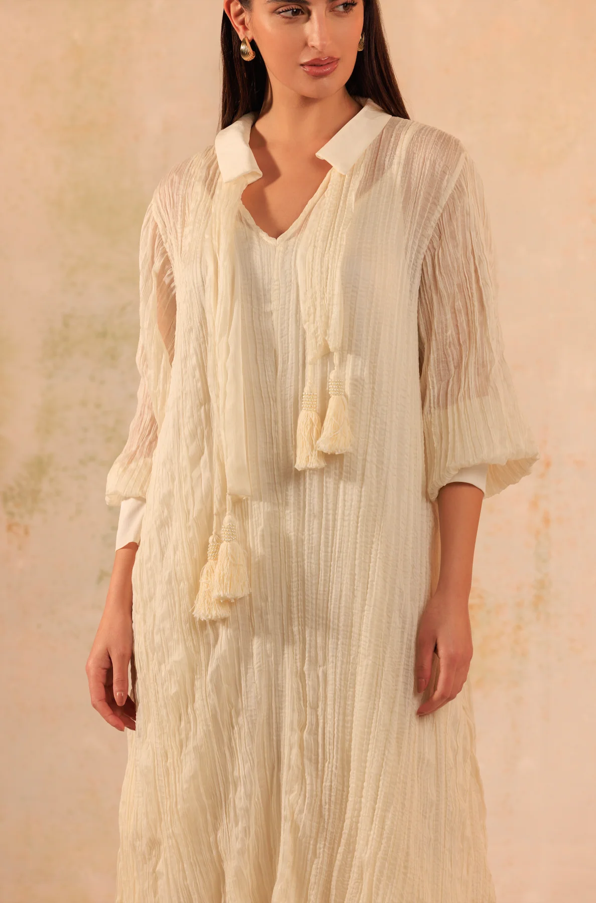 Pearl Off-White Crinkled Chiffon Shirt Dress - Image 4