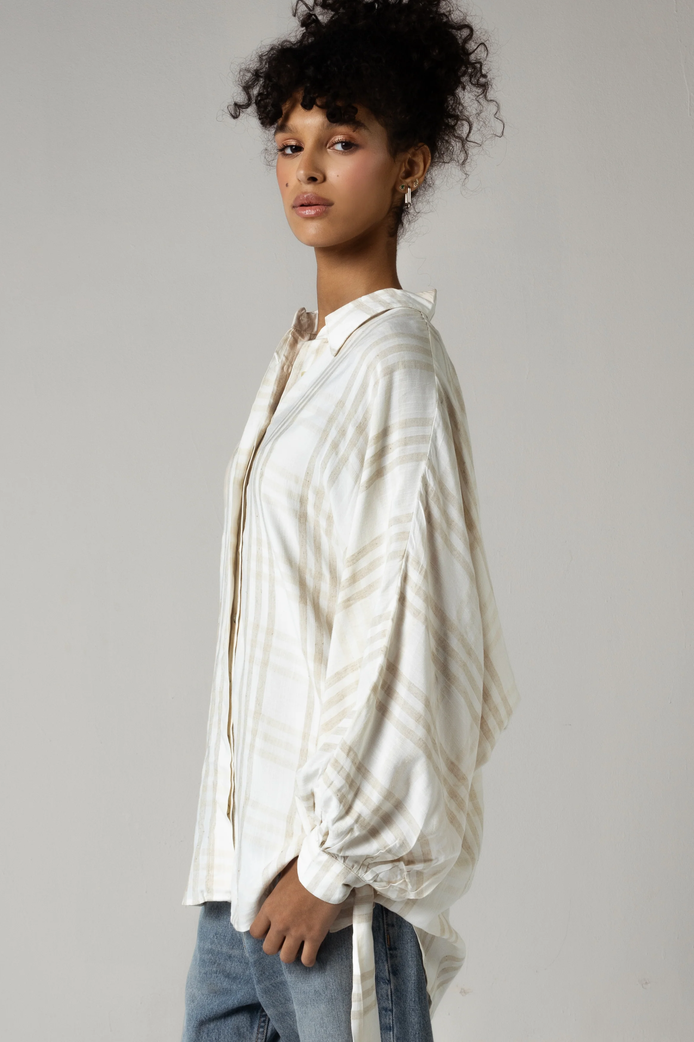 Plaid Viscose Cotton Blouse with Tie Wristbands - Image 3