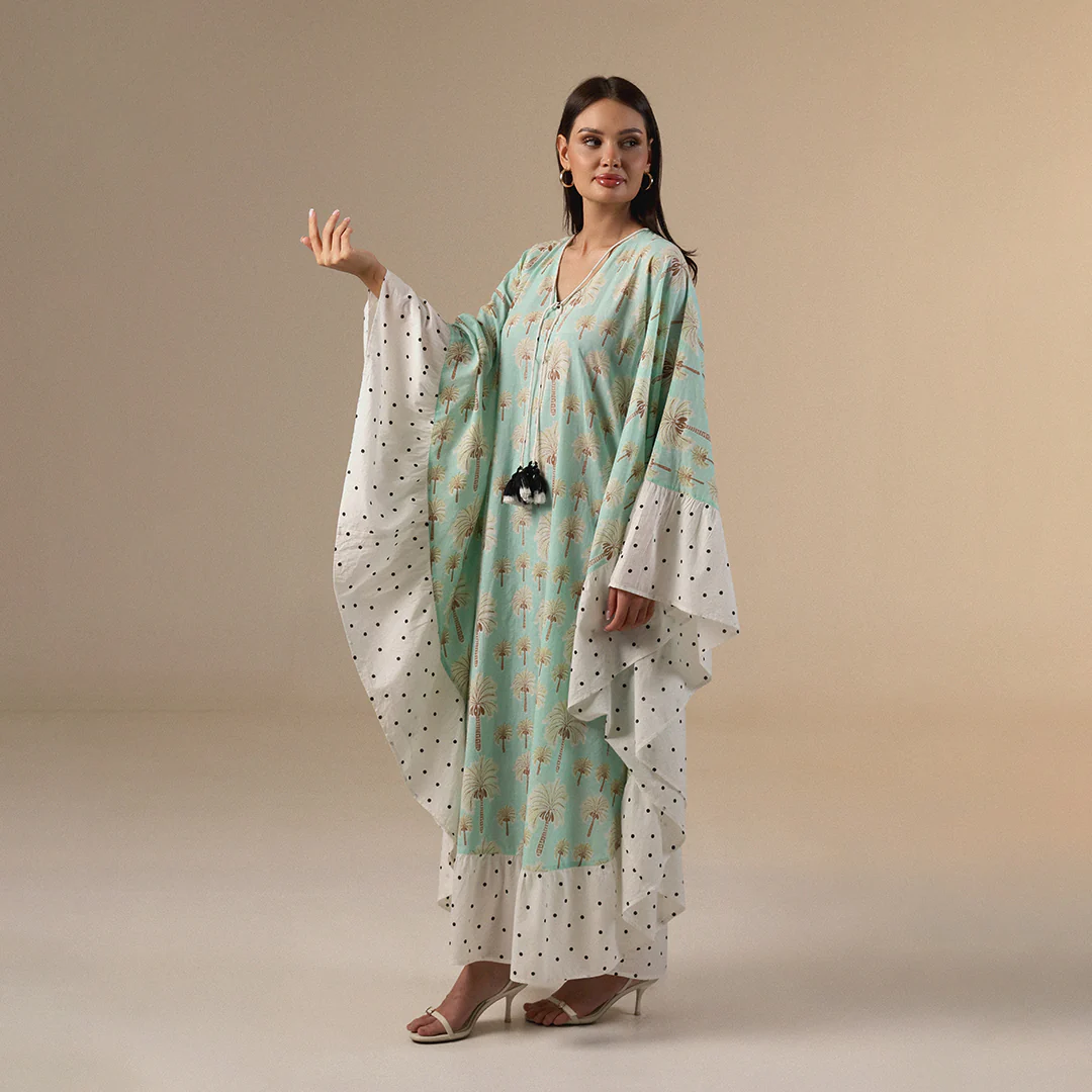 Green Polka Dot and Palm Treas Mix Print Flowy Kaftan - Image 3