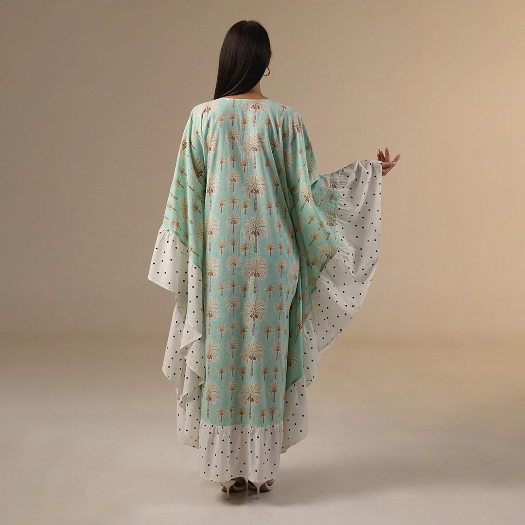 Green Polka Dot and Palm Treas Mix Print Flowy Kaftan - Image 4