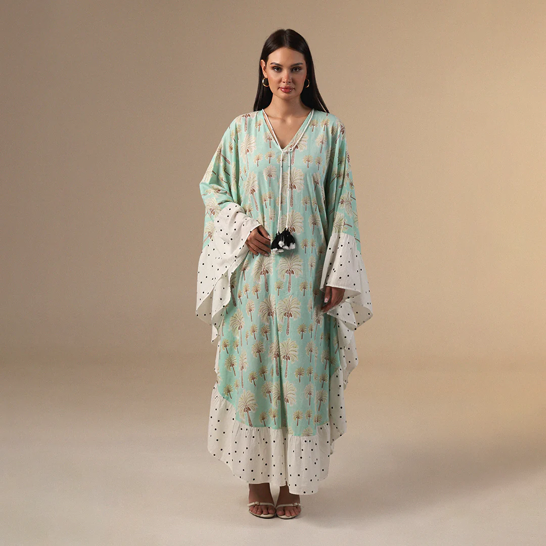 Green Polka Dot and Palm Treas Mix Print Flowy Kaftan - Image 5