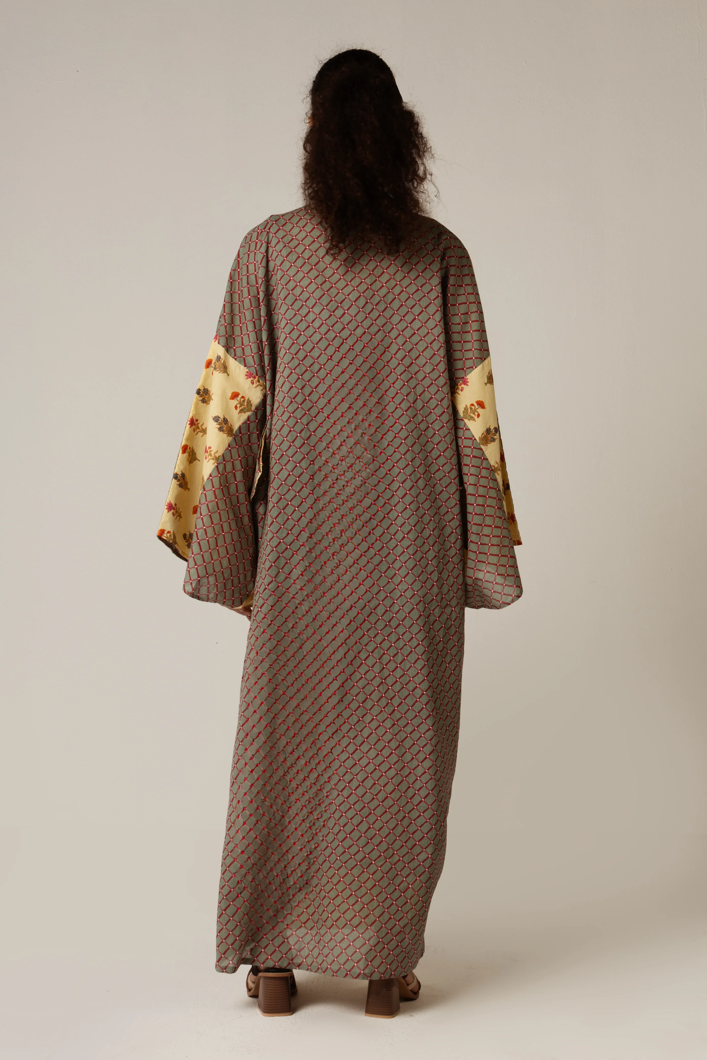 Printed Cotton Green Check Mixed Print Kimono Abaya - Image 3