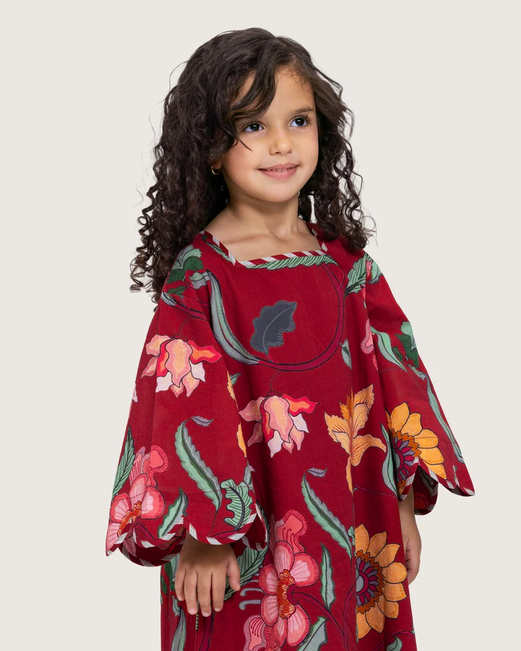 Printed Cotton Kids Dress with Relaxed Fit and Scalloped Edges - Burgundy - Image 3
