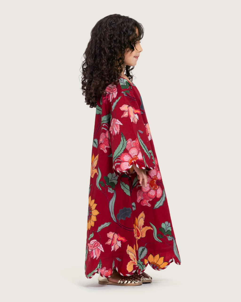 Printed Cotton Kids Dress with Relaxed Fit and Scalloped Edges - Burgundy - Image 4