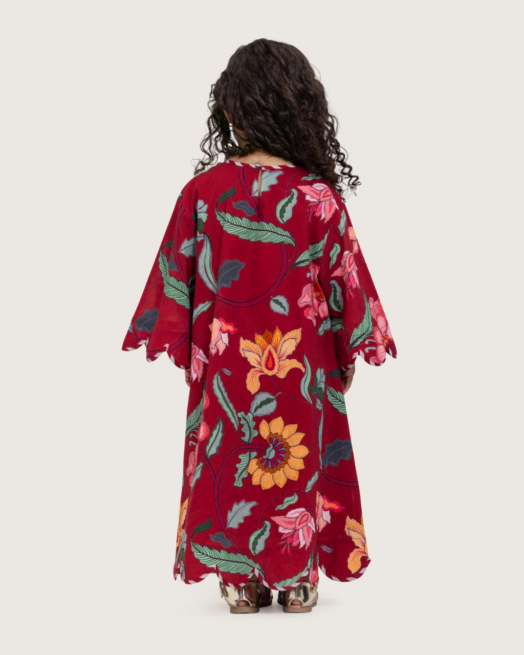 Printed Cotton Kids Dress with Relaxed Fit and Scalloped Edges - Burgundy - Image 7