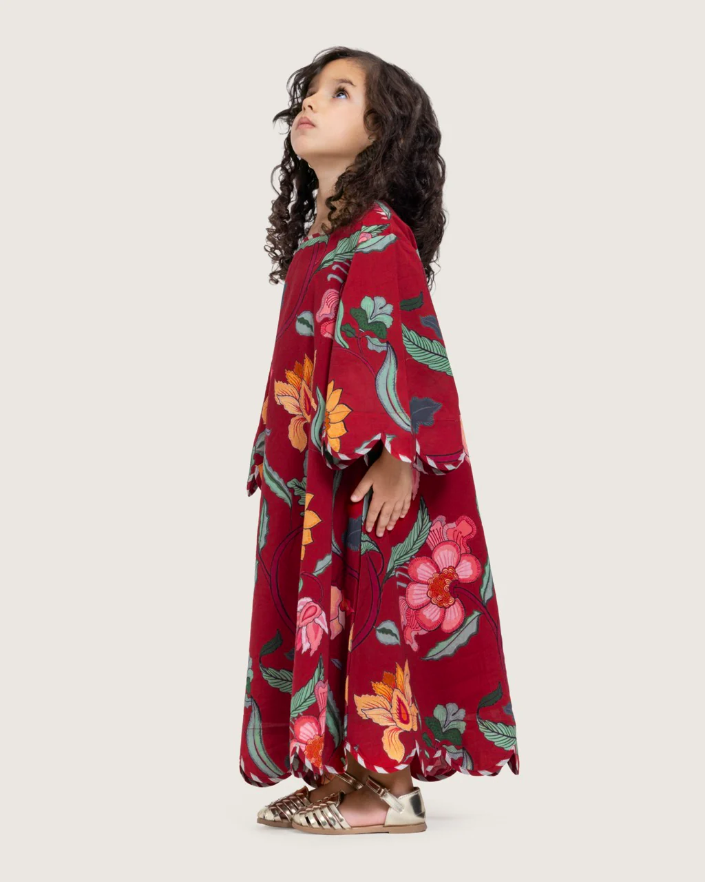 Printed Cotton Kids Dress with Relaxed Fit and Scalloped Edges - Burgundy - Image 9
