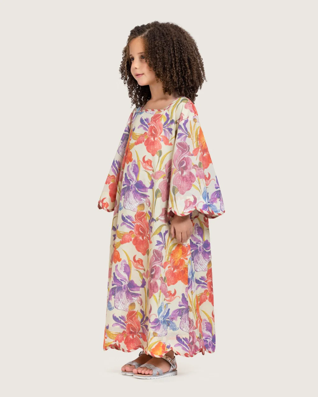 Printed Cotton Kids Dress with Relaxed Fit and Scalloped Edges - Peach - Image 6
