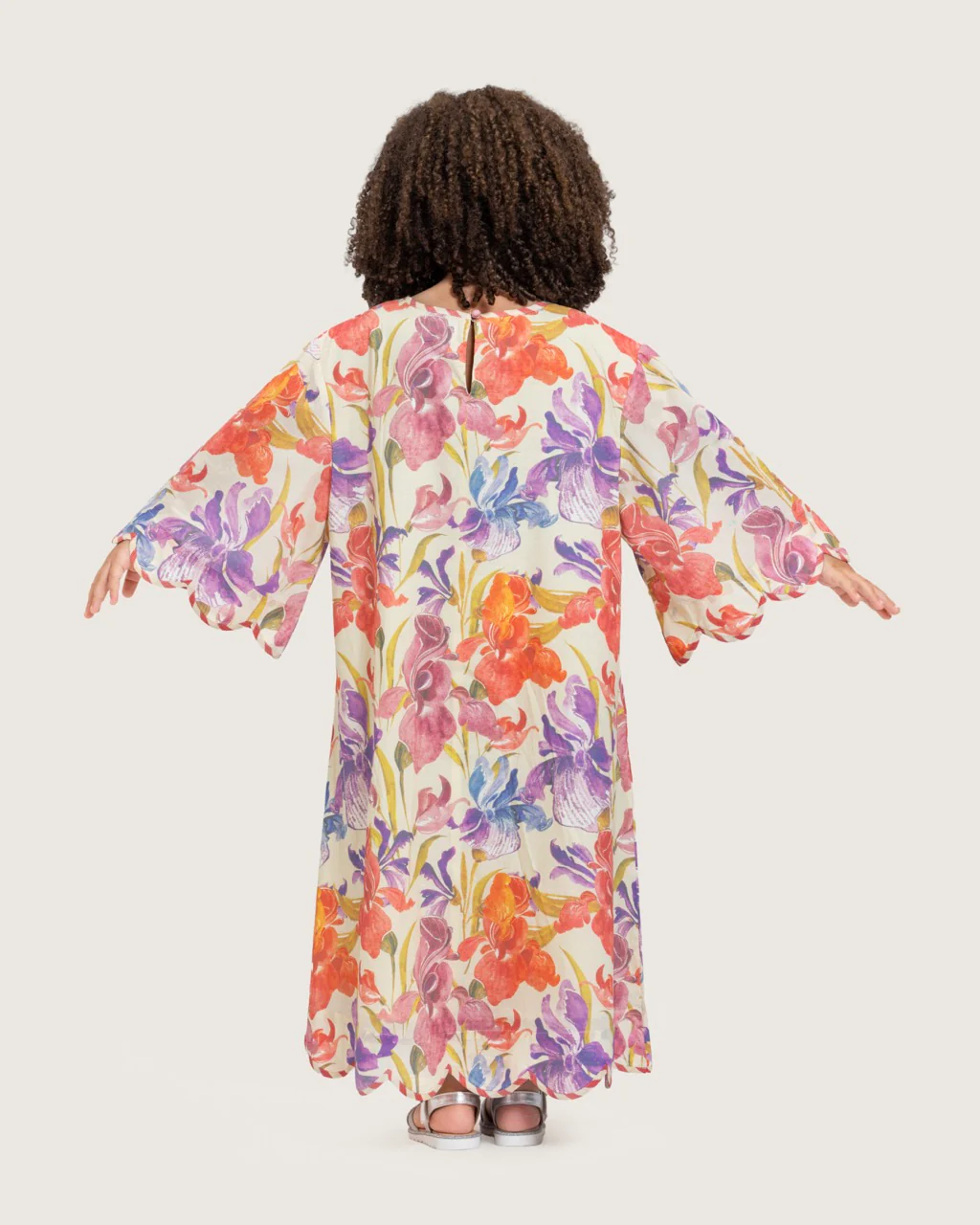 Printed Cotton Kids Dress with Relaxed Fit and Scalloped Edges - Peach - Image 8