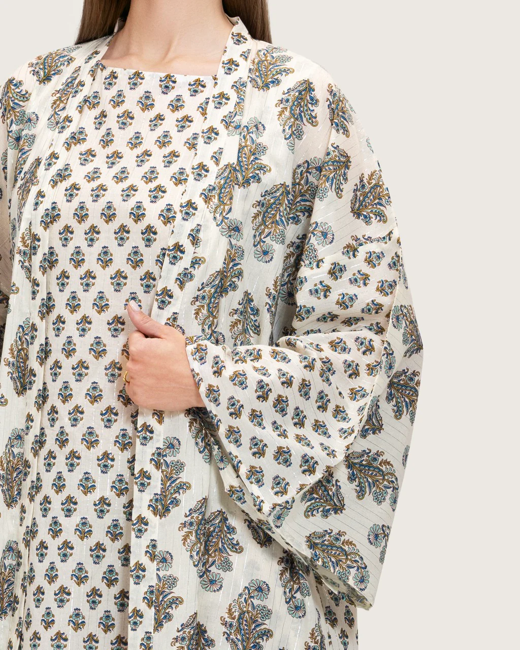 Printed Cotton Kimono Abaya Dress Set with Metalic Threads - Blue - Image 10