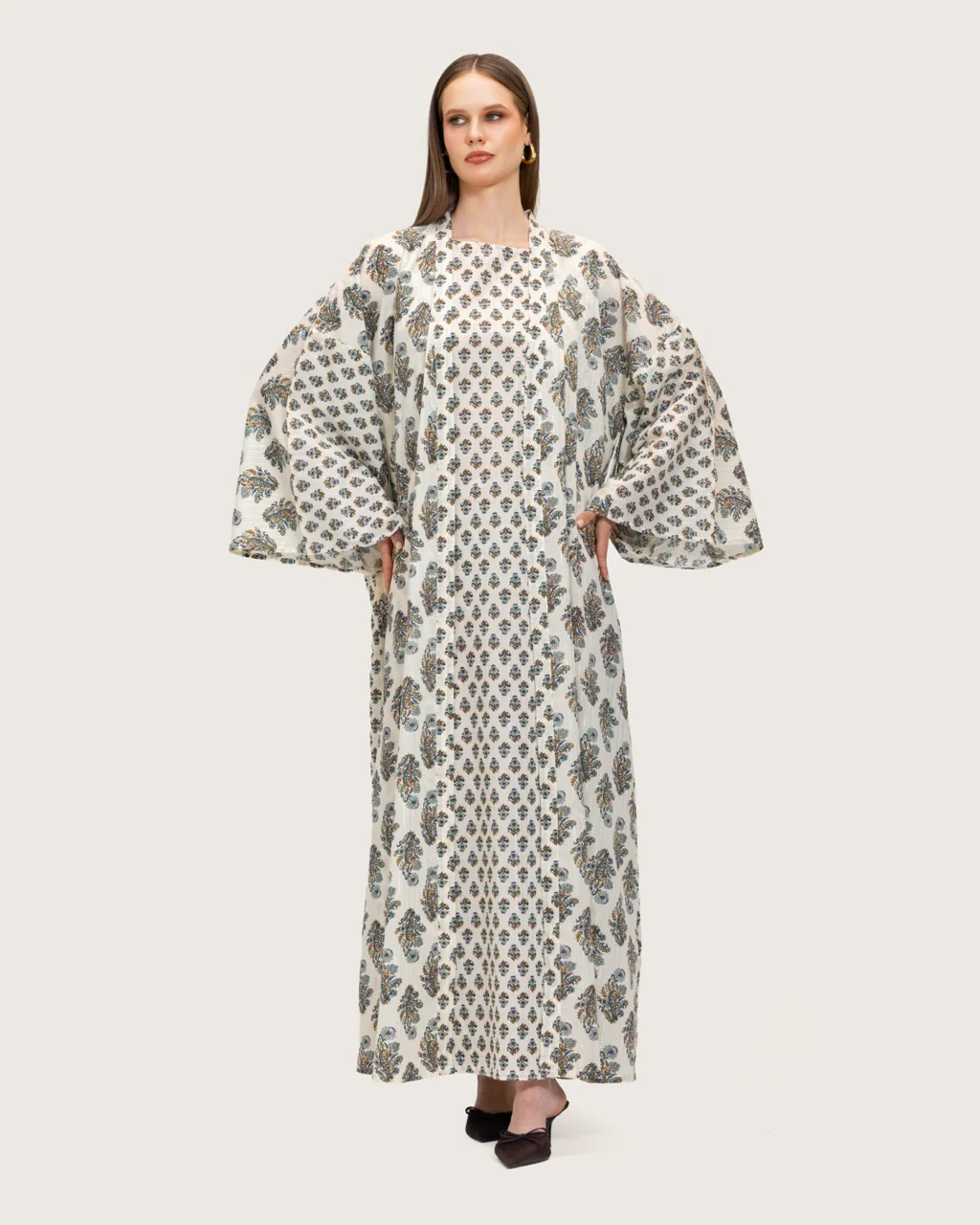 Printed Cotton Kimono Abaya Dress Set with Metalic Threads - Blue - Image 3