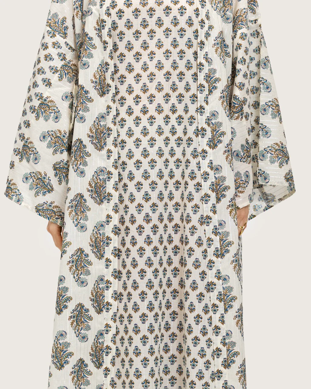 Printed Cotton Kimono Abaya Dress Set with Metalic Threads - Blue - Image 4