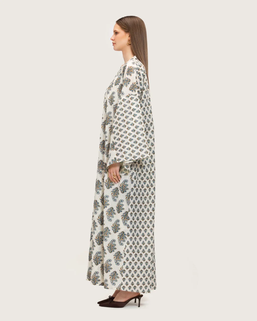 Printed Cotton Kimono Abaya Dress Set with Metalic Threads - Blue - Image 5