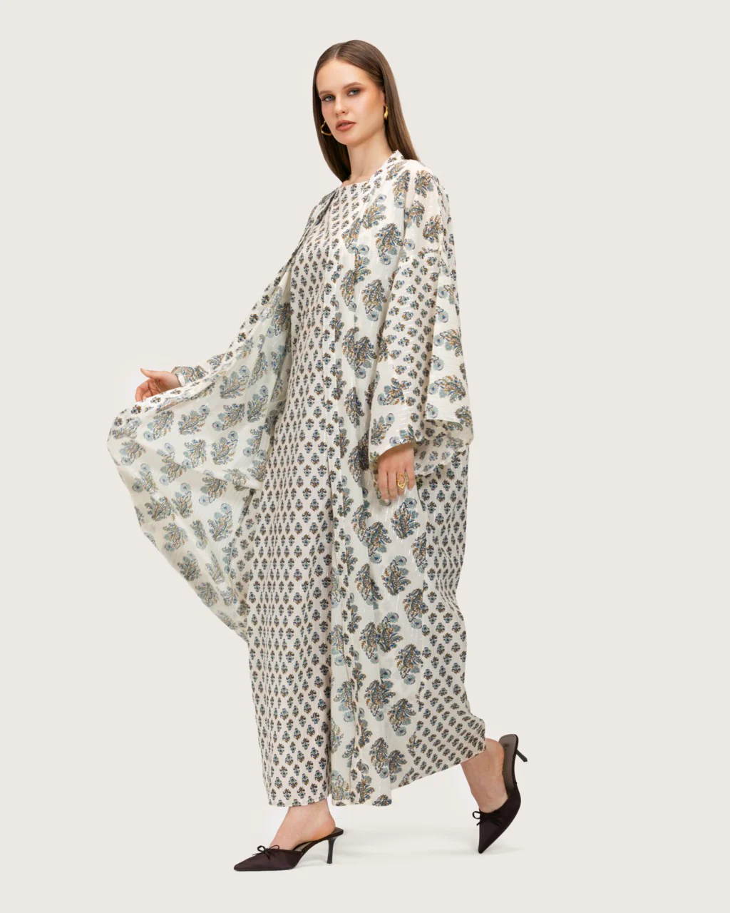 Printed Cotton Kimono Abaya Dress Set with Metalic Threads - Blue - Image 6