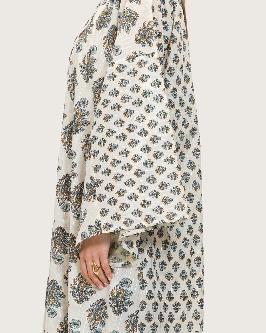 Printed Cotton Kimono Abaya Dress Set with Metalic Threads - Blue - Image 7