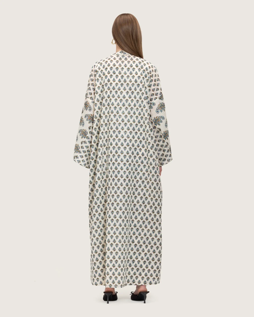Printed Cotton Kimono Abaya Dress Set with Metalic Threads - Blue - Image 8