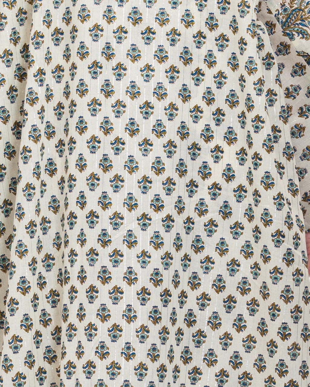Printed Cotton Kimono Abaya Dress Set with Metalic Threads - Blue - Image 9