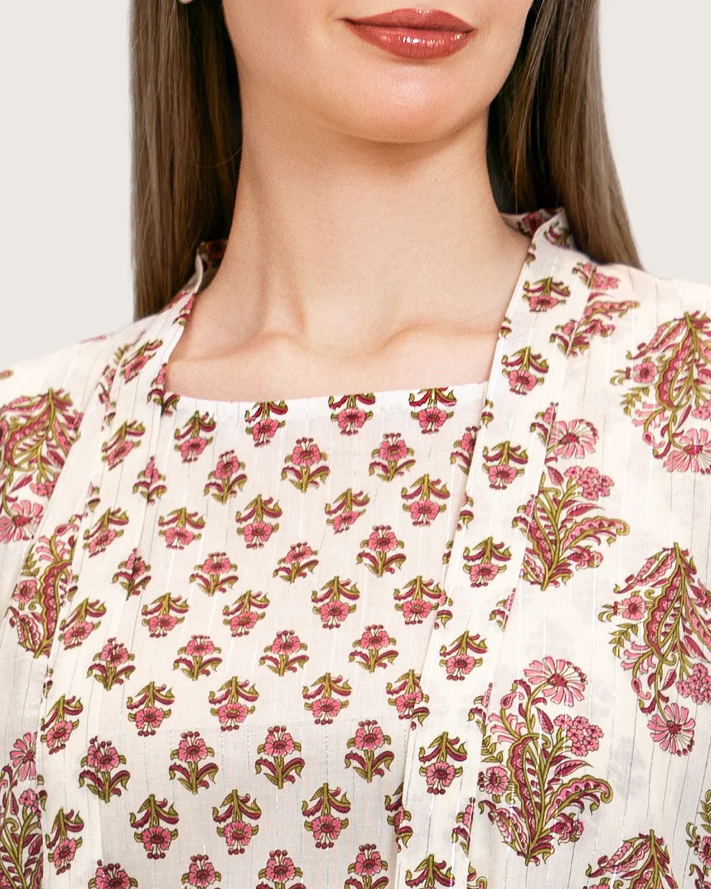 Printed Cotton Kimono Abaya Dress Set with Metalic Threads - Pink - Image 10