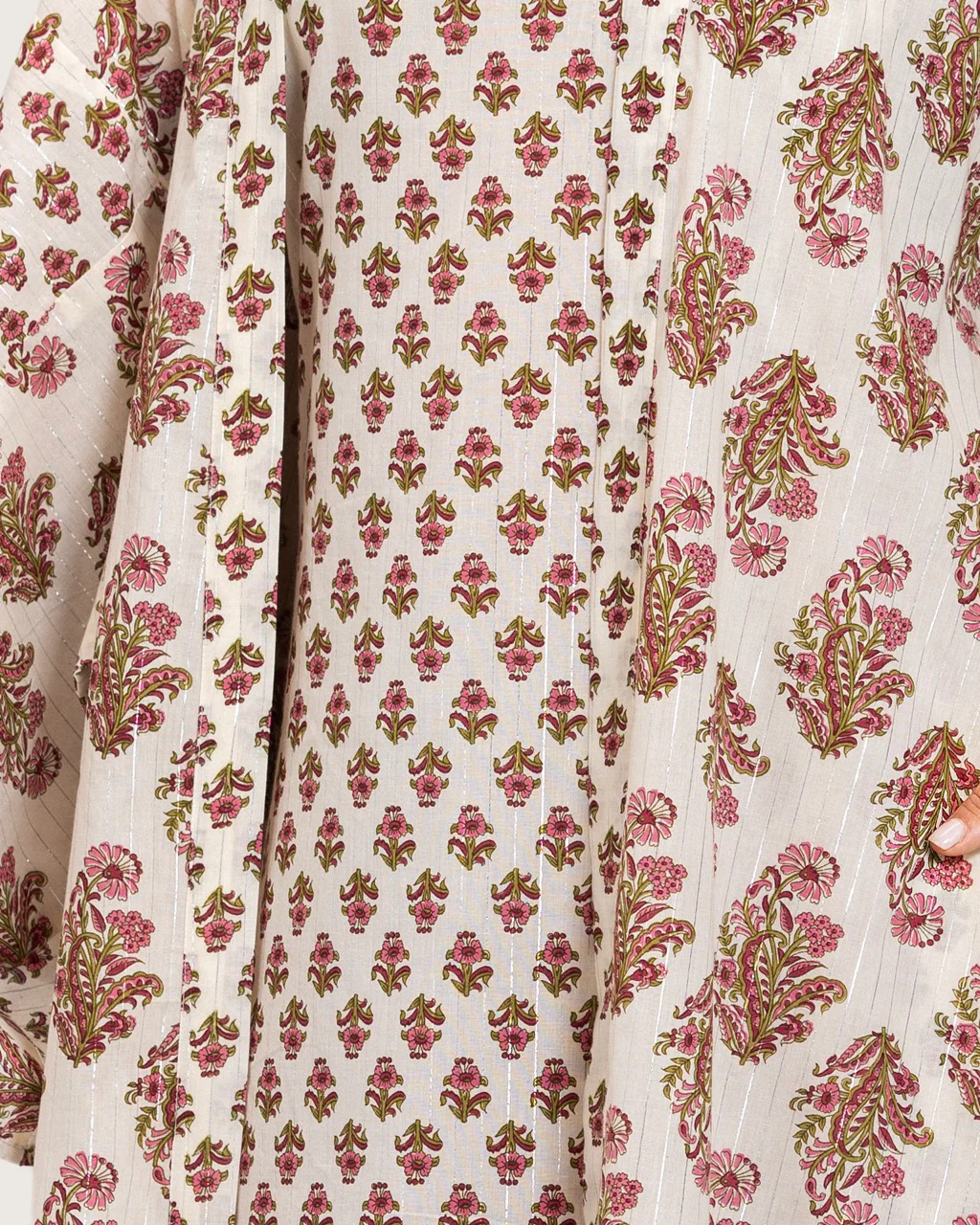 Printed Cotton Kimono Abaya Dress Set with Metalic Threads - Pink - Image 11