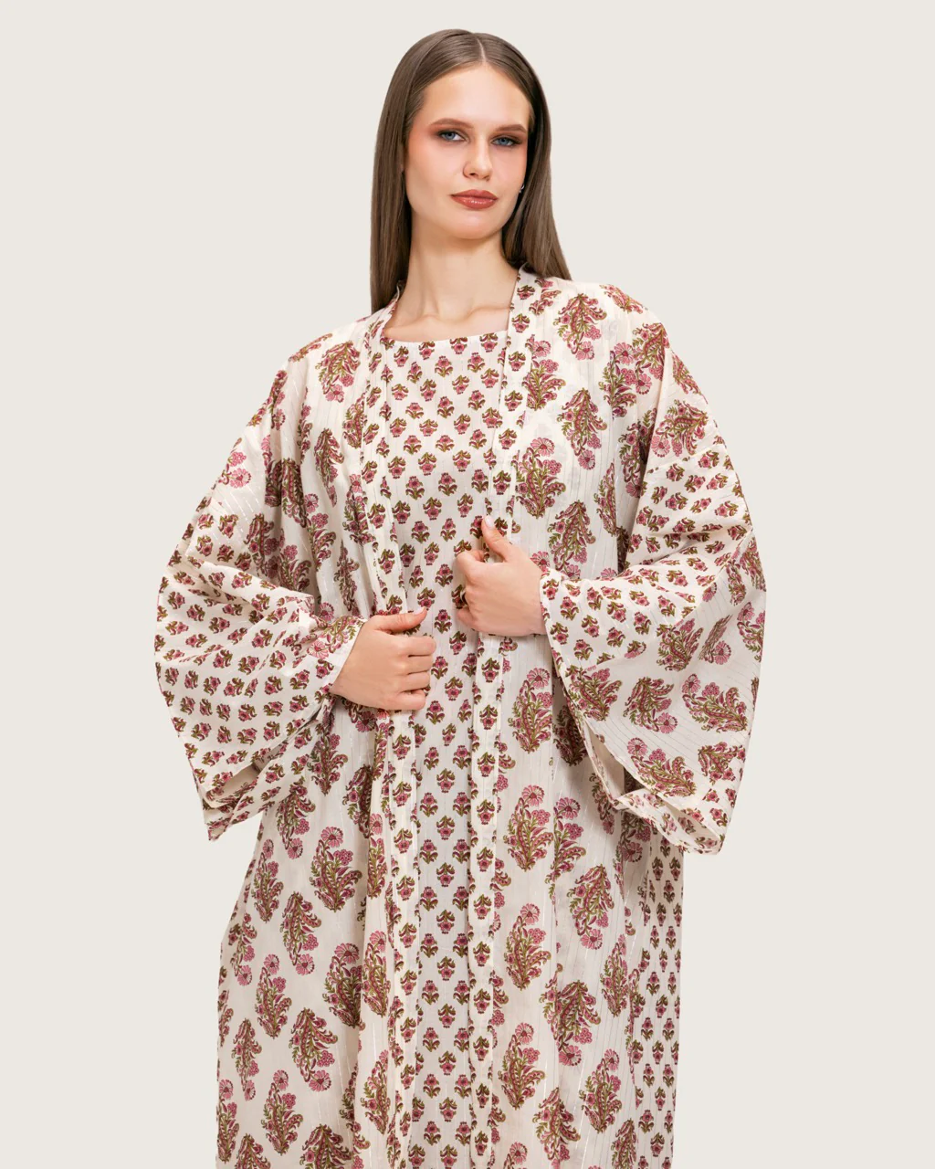 Printed Cotton Kimono Abaya Dress Set with Metalic Threads - Pink - Image 3