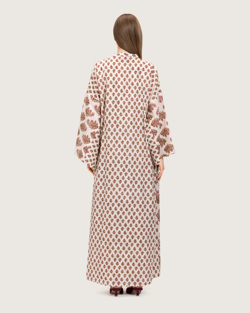 Printed Cotton Kimono Abaya Dress Set with Metalic Threads - Pink - Image 4