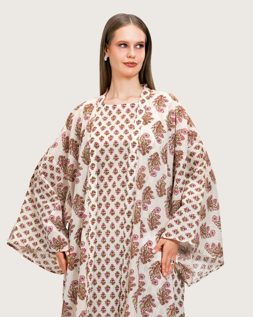 Printed Cotton Kimono Abaya Dress Set with Metalic Threads - Pink - Image 5
