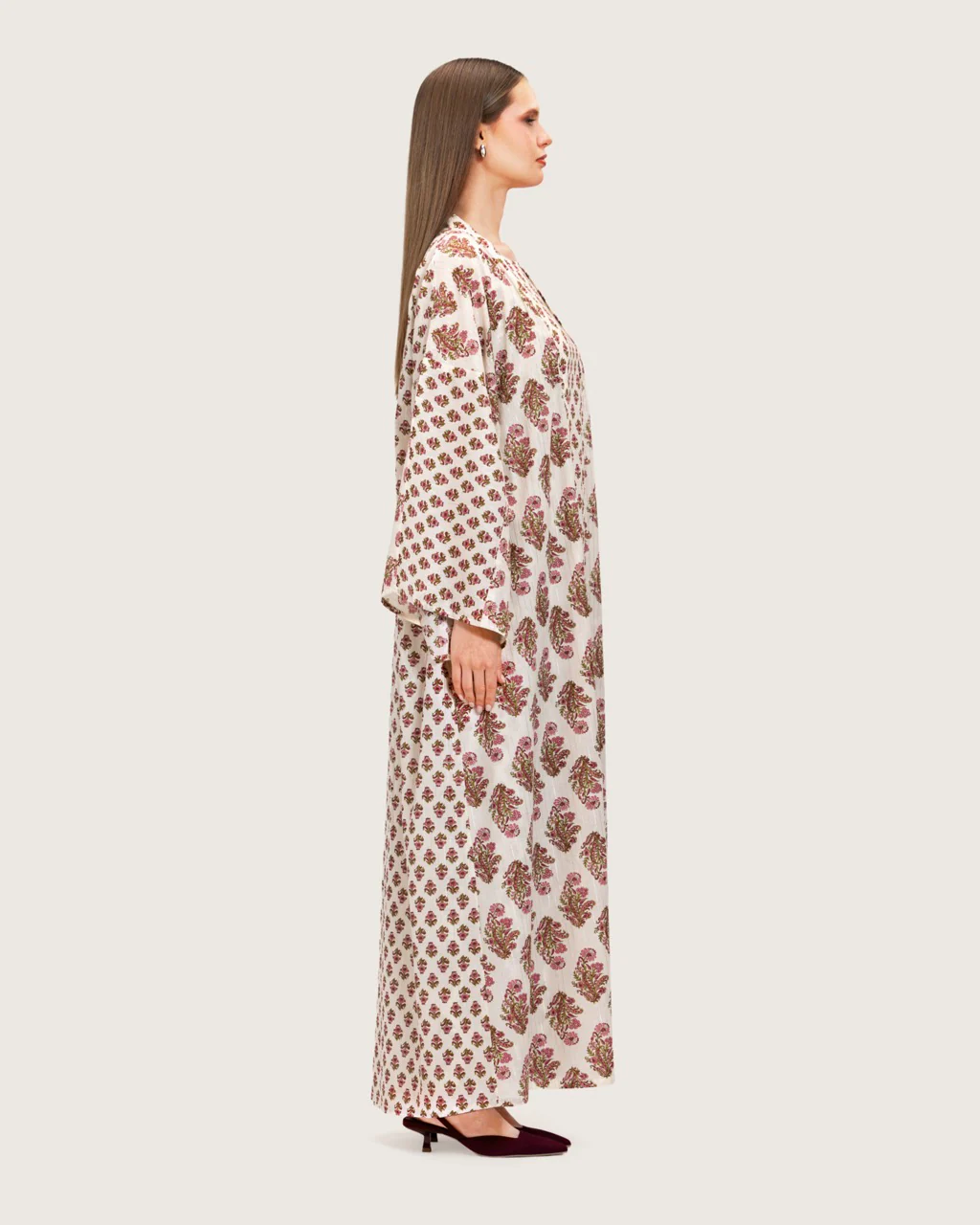 Printed Cotton Kimono Abaya Dress Set with Metalic Threads - Pink - Image 6