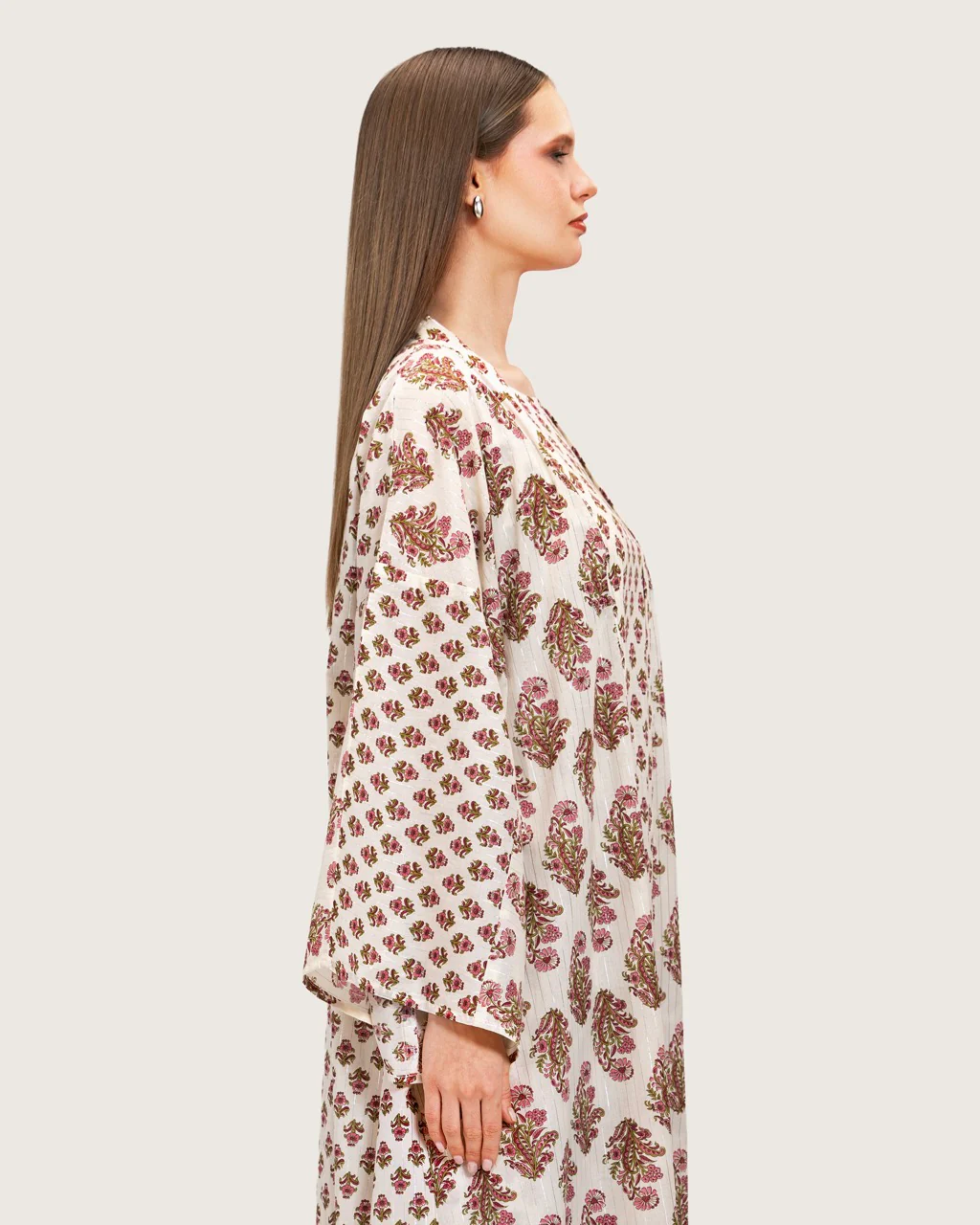 Printed Cotton Kimono Abaya Dress Set with Metalic Threads - Pink - Image 7