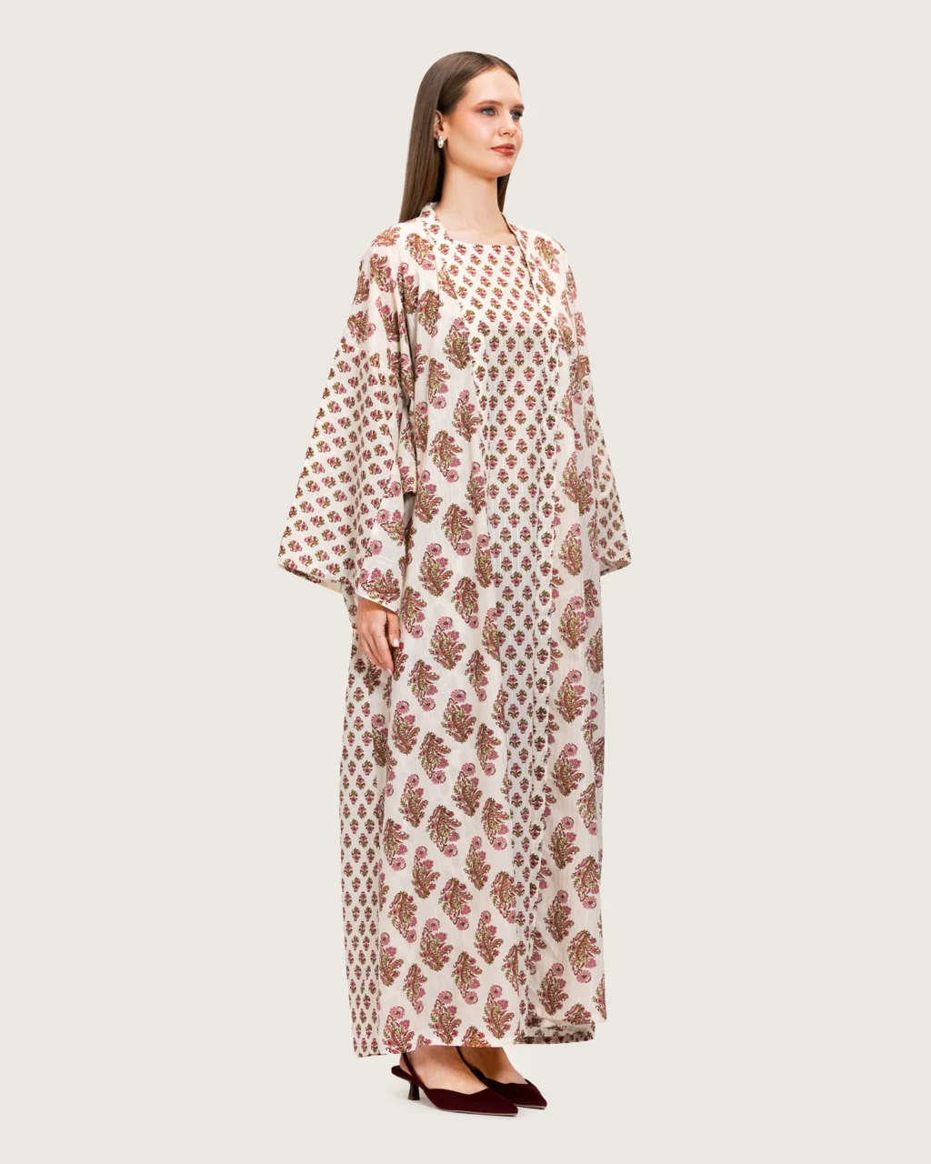 Printed Cotton Kimono Abaya Dress Set with Metalic Threads - Pink - Image 8