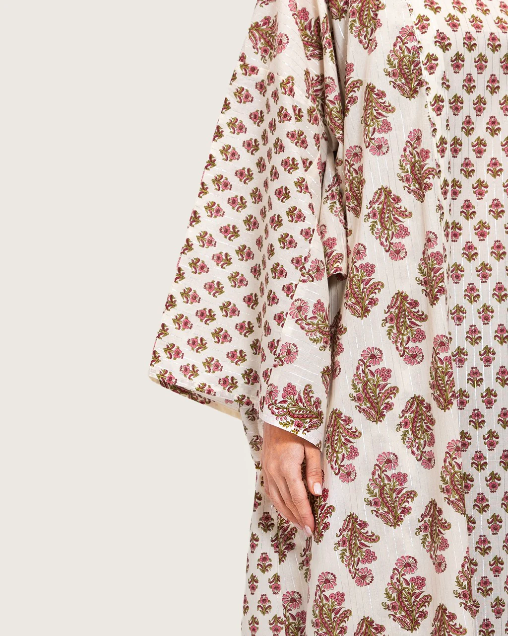 Printed Cotton Kimono Abaya Dress Set with Metalic Threads - Pink - Image 9